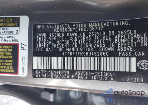 2017 Toyota Camry Se from USA, damaged, VIN 4T1BF1FK9HU452860